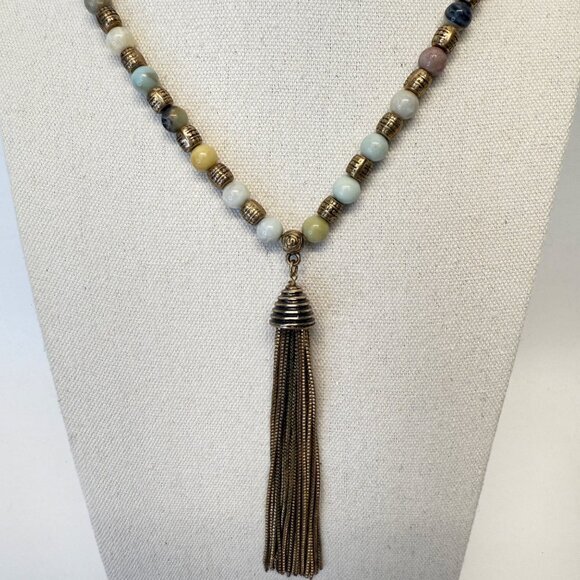 Tassel Pendant Necklace Stone Beads Brassy Gold Tone Long Length Adjustable - Picture 1 of 10